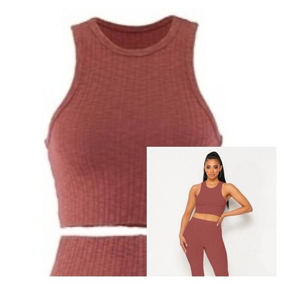 NEW Crewneck cropped tank top ribbed knit Cotton blend Rust AGRADE raw hem - Picture 5 of 10